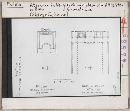 Vorschaubild Fulda: Karolingisches Atrium im Vergleich mit St. Peter, Rom, Skizze Schöne 1958 